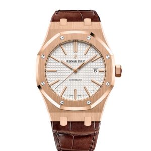 【Super Clone】Audemars Piguet Royal Oak Selfwinding Silver-toned dial 41mm Rose Gold Leather Strap Watch